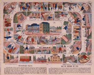 Stoomtreinspel, geïllustreerd pamflet gepubliceerd door Ackermann, Wissembourg, ca.1860